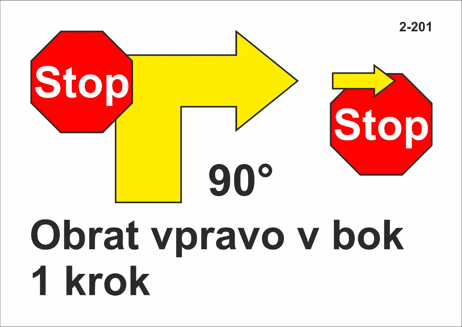 2-201 Stop – obrat vpravo o 90° – krok vpřed – stop